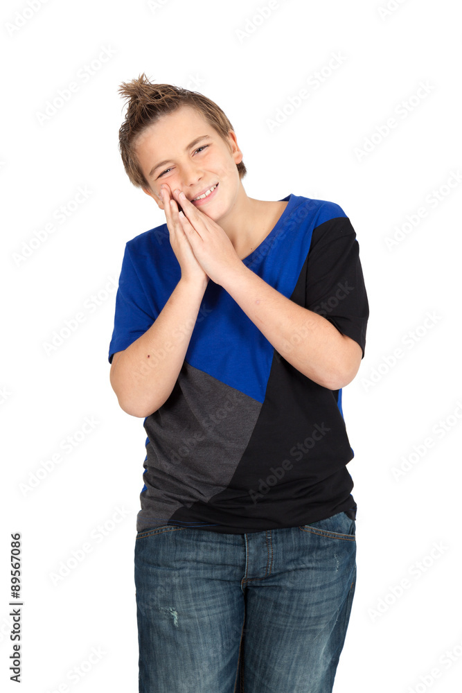 Handsome child doing different expressions in different sets of clothes: toothache Handsome child doing different expressions in different sets of clothes: toothache
