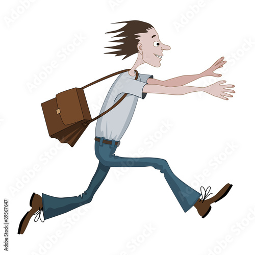 Carton Man Running Fast With Bag Scared With Something, He Is Looking Back