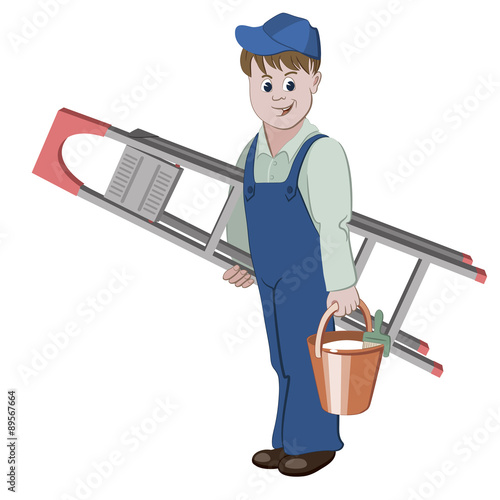 The decorator or handyman standing with ladder and a bucket of glue