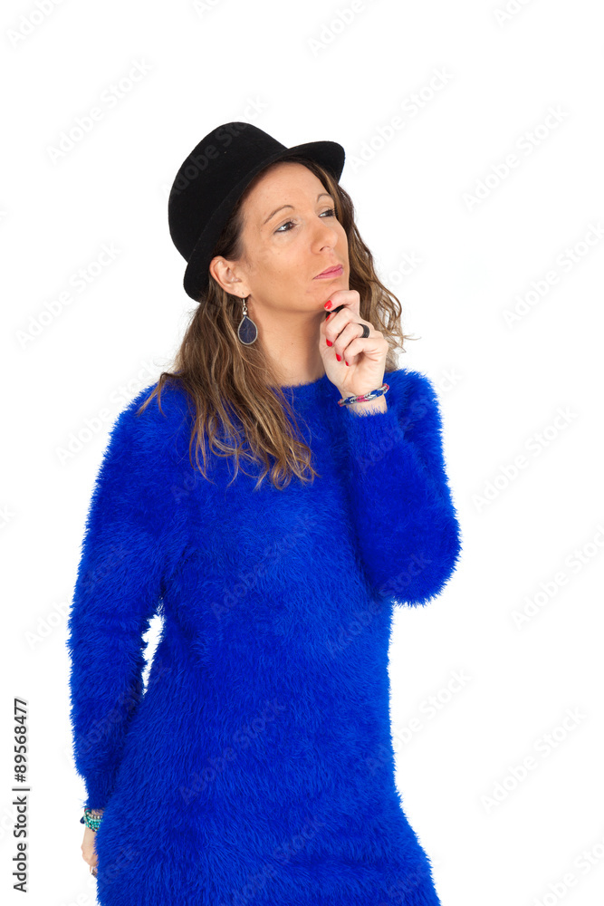 Beautiful woman doing different expressions in different sets of clothes: thinking Beautiful woman doing different expressions in different sets of clothes: thinking