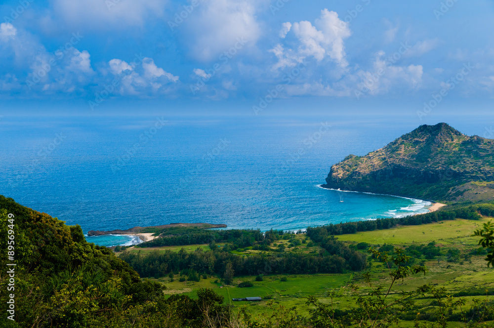 Fototapeta premium Aerial view overlooking the tropical island of Kauai and the Pac
