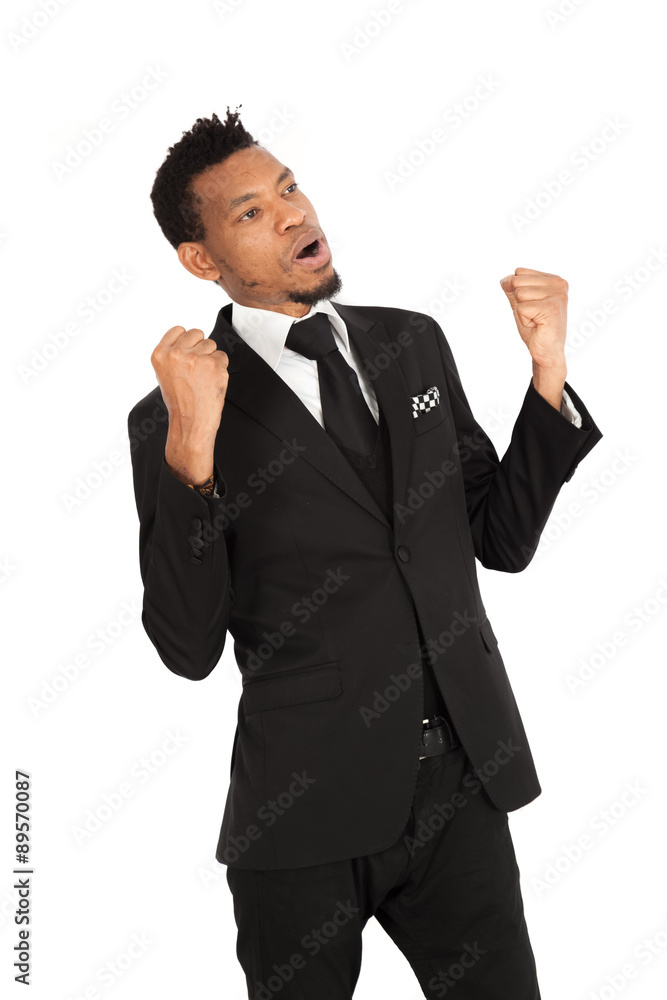 Handsome man doing different expressions in different sets of clothes: arms raised Handsome man doing different expressions in different sets of clothes: arms raised