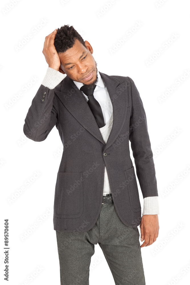 Handsome man doing different expressions in different sets of clothes: headache