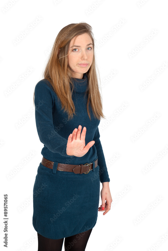 Beautiful woman doing different expressions in different sets of clothes: stop sign Beautiful woman doing different expressions in different sets of clothes: stop sign