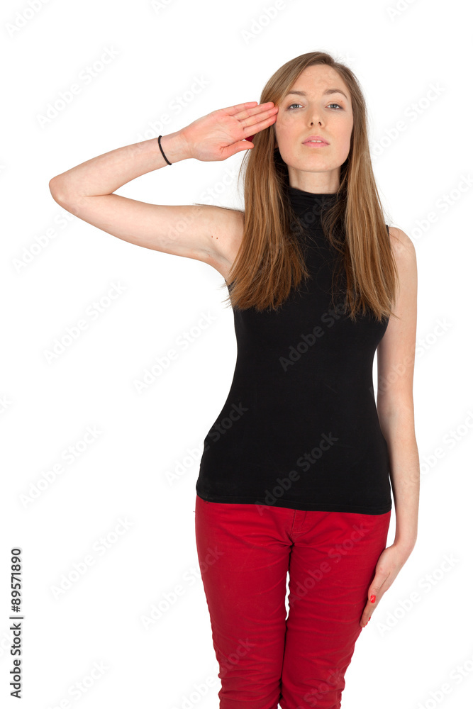 Beautiful woman doing different expressions in different sets of clothes: at attention Beautiful woman doing different expressions in different sets of clothes: at attention