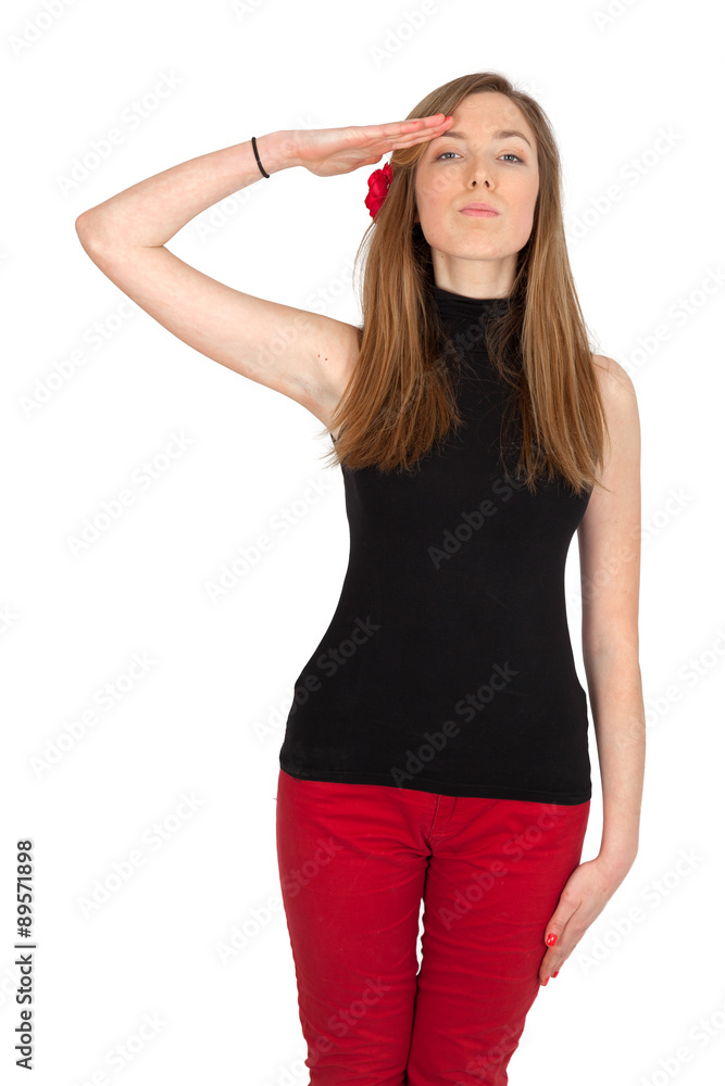 Beautiful woman doing different expressions in different sets of clothes: at attention Beautiful woman doing different expressions in different sets of clothes: at attention