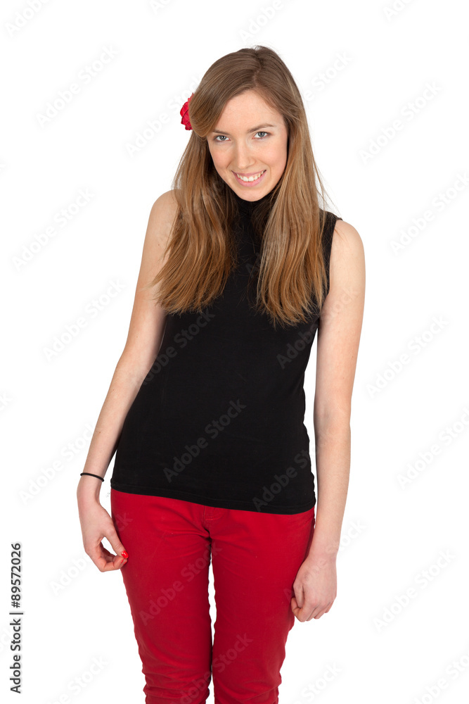 Fototapeta premium Beautiful woman doing different expressions in different sets of clothes: love