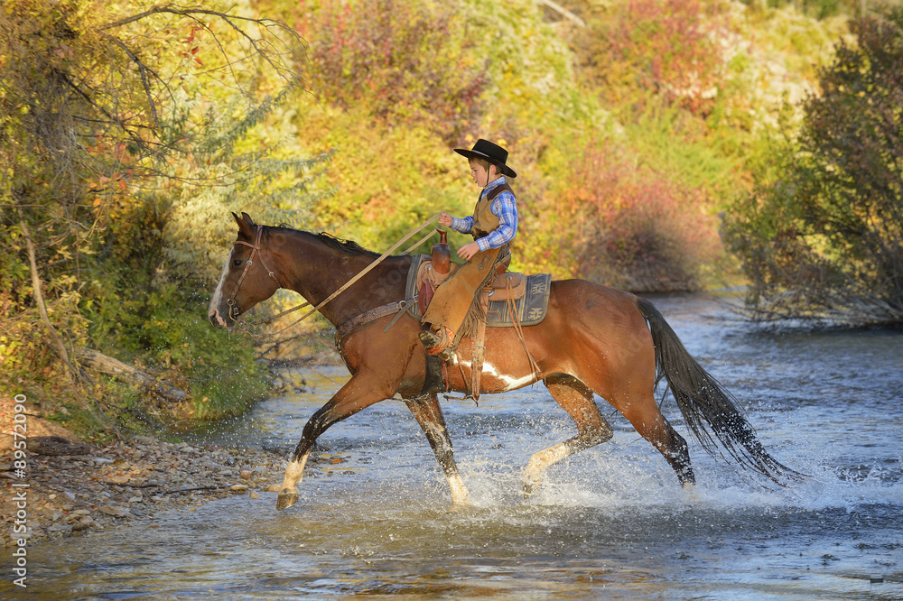 USA, Wyoming, young cowboy riding his horse across river USA, Wyoming, young cowboy riding his horse across river