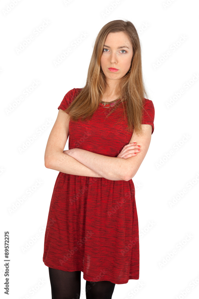 Beautiful woman doing different expressions in different sets of clothes: arms crossed Beautiful woman doing different expressions in different sets of clothes: arms crossed