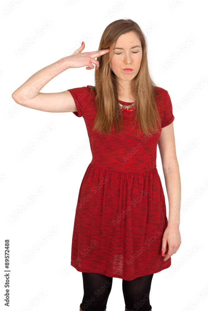 Beautiful woman doing different expressions in different sets of clothes: suicide Beautiful woman doing different expressions in different sets of clothes: suicide