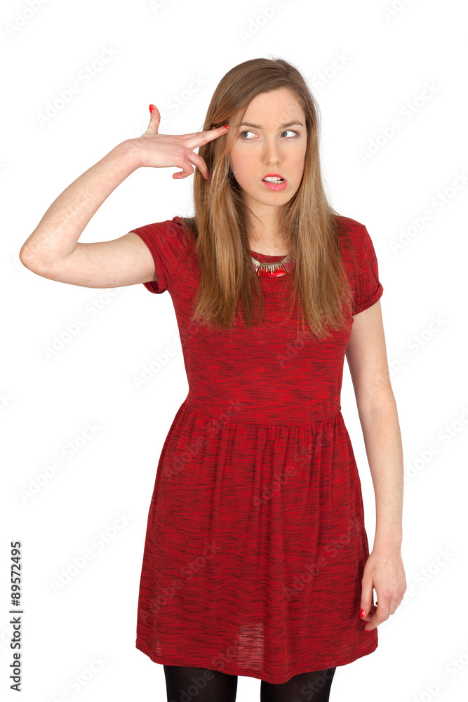 Beautiful woman doing different expressions in different sets of clothes: suicide Beautiful woman doing different expressions in different sets of clothes: suicide