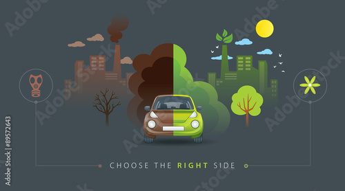Illustration of half green and brown car with city buildings