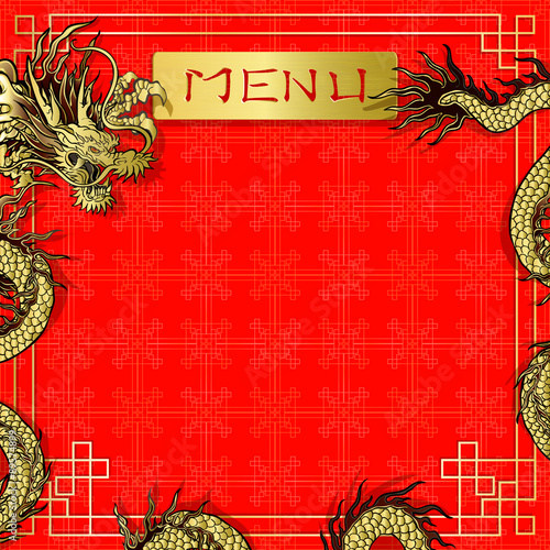 Vector illustration template menu red background with a golden Dragon a sign with the word menu in the style of Chinese kalligrafie. The template can be used on the cover and pages.