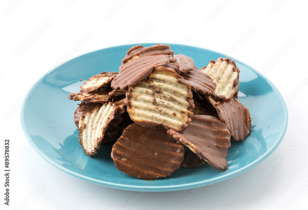 potato chip with chocolate on white potato chip with chocolate on white