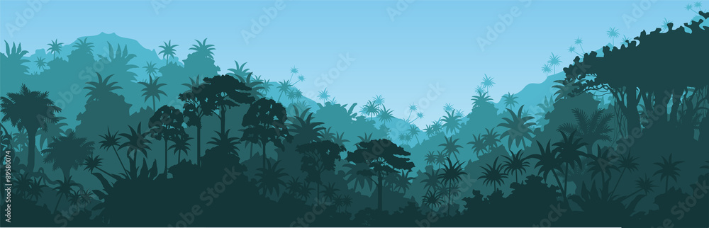 Fototapeta premium Wektor poziomy tropikalny las deszczowy tło dżungli