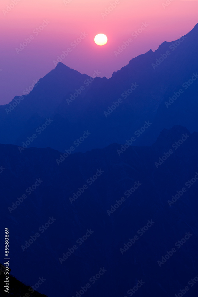 violet sunrise in the mountains of High Tatras; Slovakia