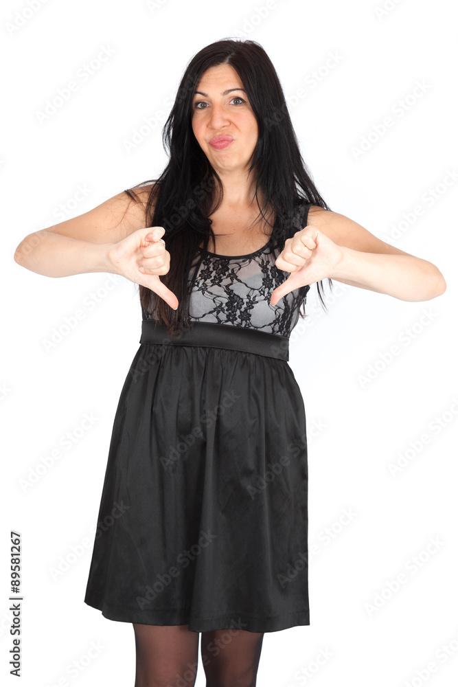 Beautiful woman doing different expressions in different sets of clothes: thumbs down Beautiful woman doing different expressions in different sets of clothes: thumbs down