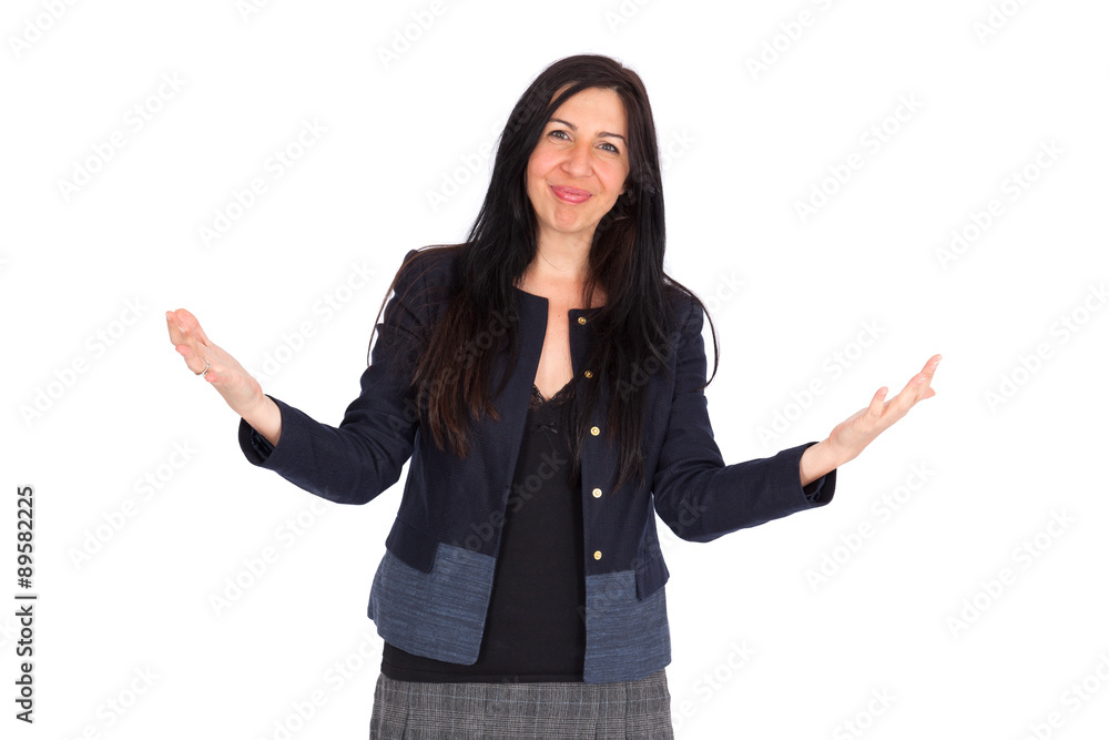 Beautiful woman doing different expressions in different sets of clothes: welcome Beautiful woman doing different expressions in different sets of clothes: welcome