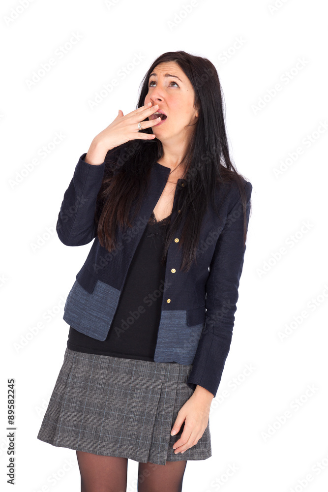 Beautiful woman doing different expressions in different sets of clothes: yawning Beautiful woman doing different expressions in different sets of clothes: yawning