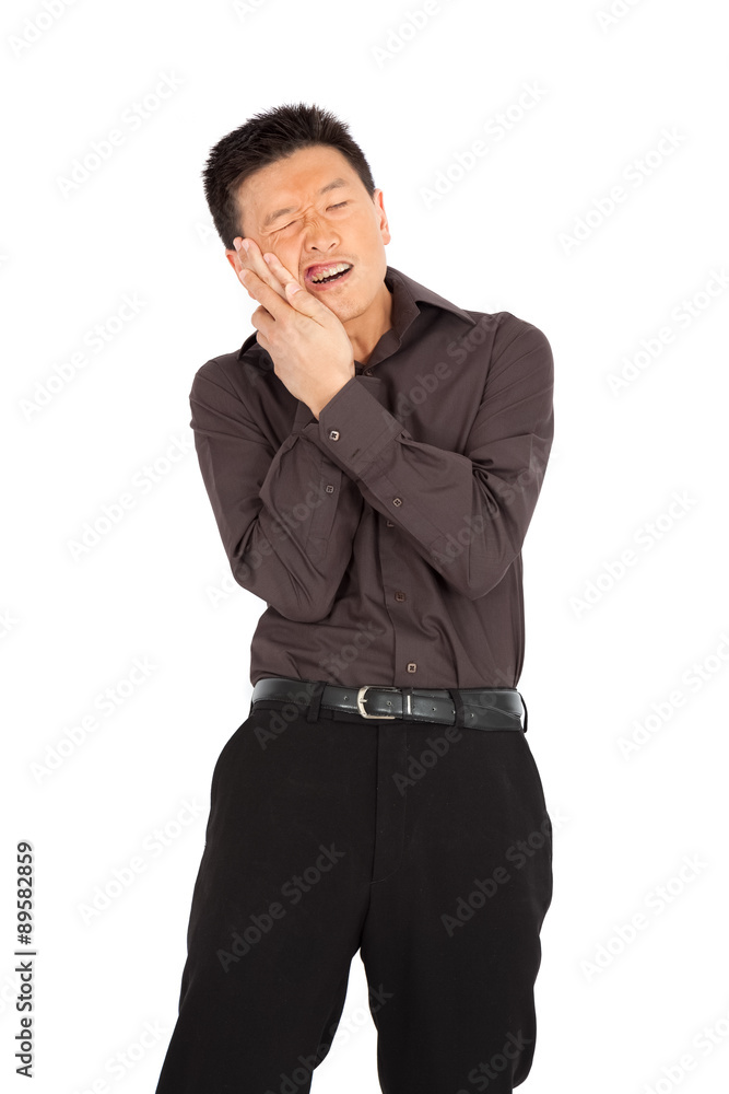 handsome man doing different expressions in different sets of clothes: toothache handsome man doing different expressions in different sets of clothes: toothache