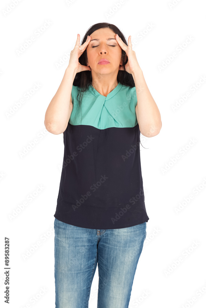 Beautiful woman doing different expressions in different sets of clothes: headache Beautiful woman doing different expressions in different sets of clothes: headache
