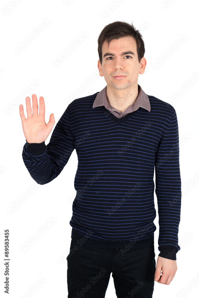 Handsome man doing different expressions in different sets of clothes: waving