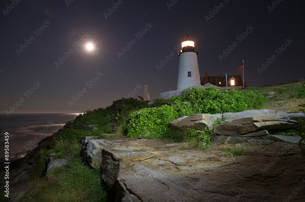 Pemaquid Point Lighthouse at night in Maine, USA.