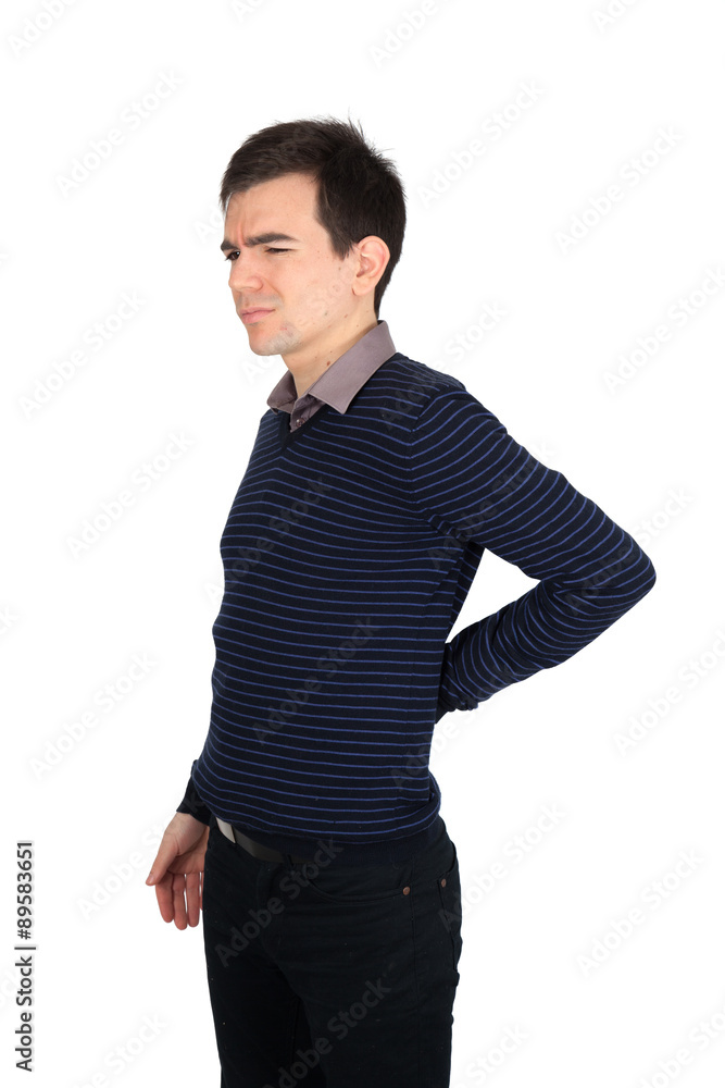 Handsome man doing different expressions in different sets of clothes: backache Handsome man doing different expressions in different sets of clothes: backache