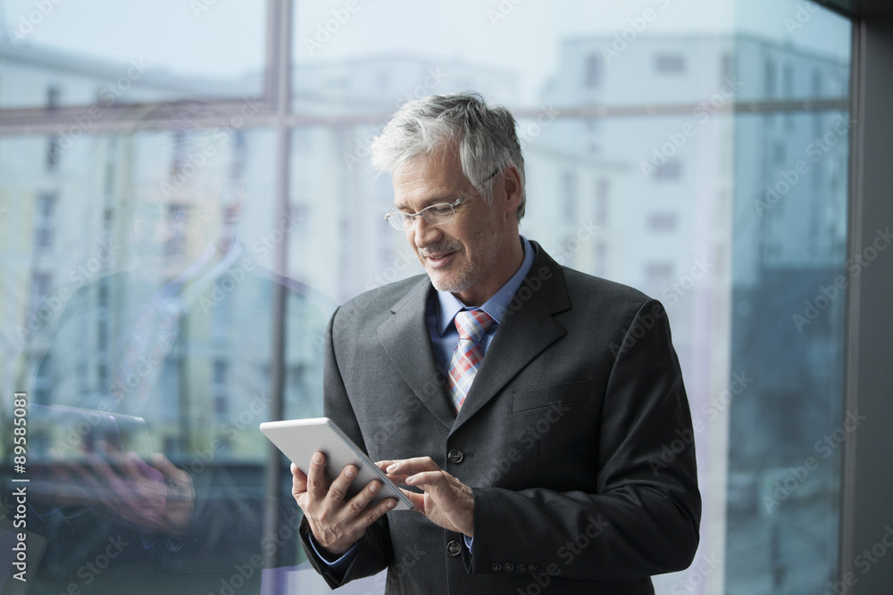 Businessman standing at window using digital tablet Businessman standing at window using digital tablet