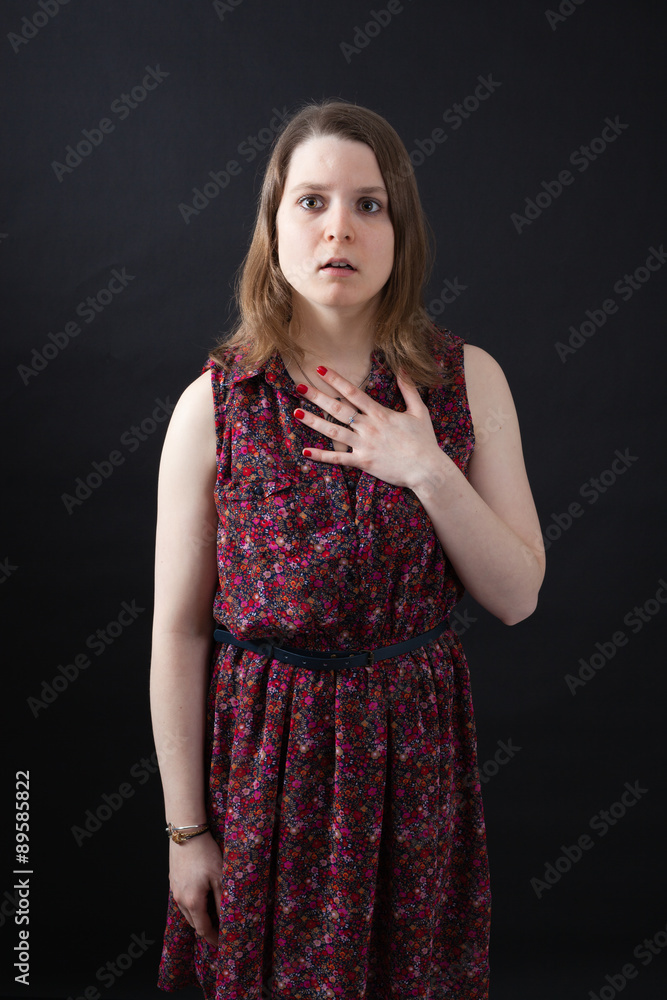 Beautiful woman doing different expressions in different sets of clothes: worried Beautiful woman doing different expressions in different sets of clothes: worried