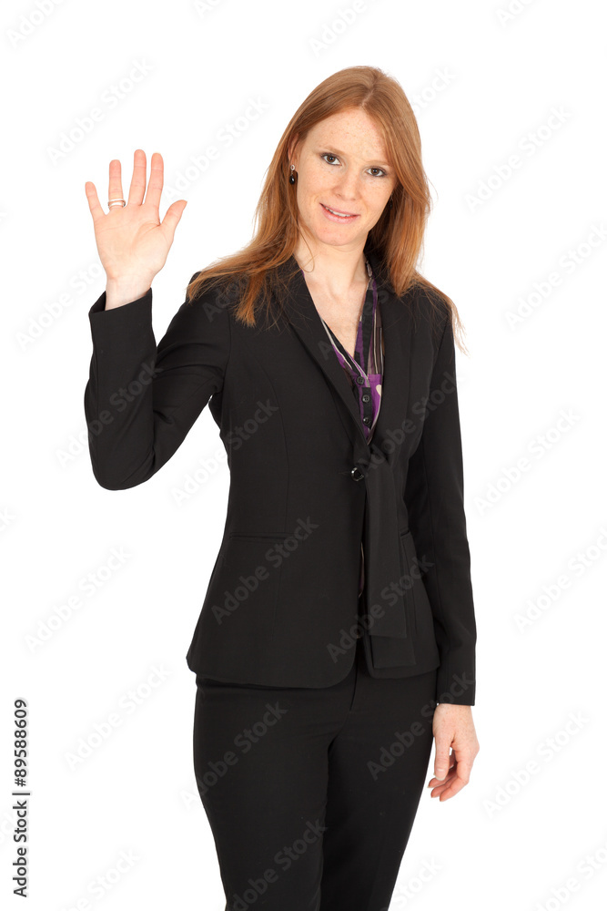 Beautiful businesswoman doing different expressions in different sets of clothes: waving Beautiful businesswoman doing different expressions in different sets of clothes: waving