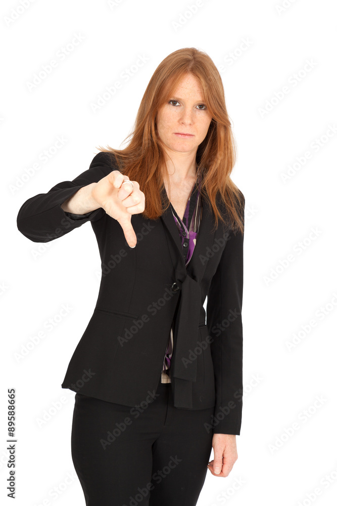 Beautiful businesswoman doing different expressions in different sets of clothes: thumbs down Beautiful businesswoman doing different expressions in different sets of clothes: thumbs down