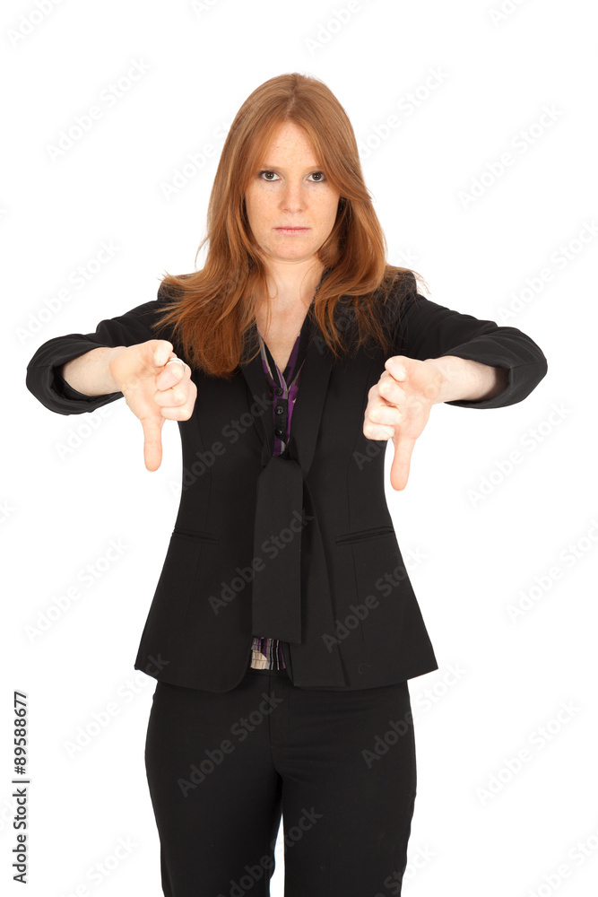 Beautiful businesswoman doing different expressions in different sets of clothes: thumbs down Beautiful businesswoman doing different expressions in different sets of clothes: thumbs down