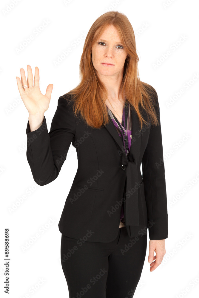 Beautiful businesswoman doing different expressions in different sets of clothes: be careful Beautiful businesswoman doing different expressions in different sets of clothes: be careful