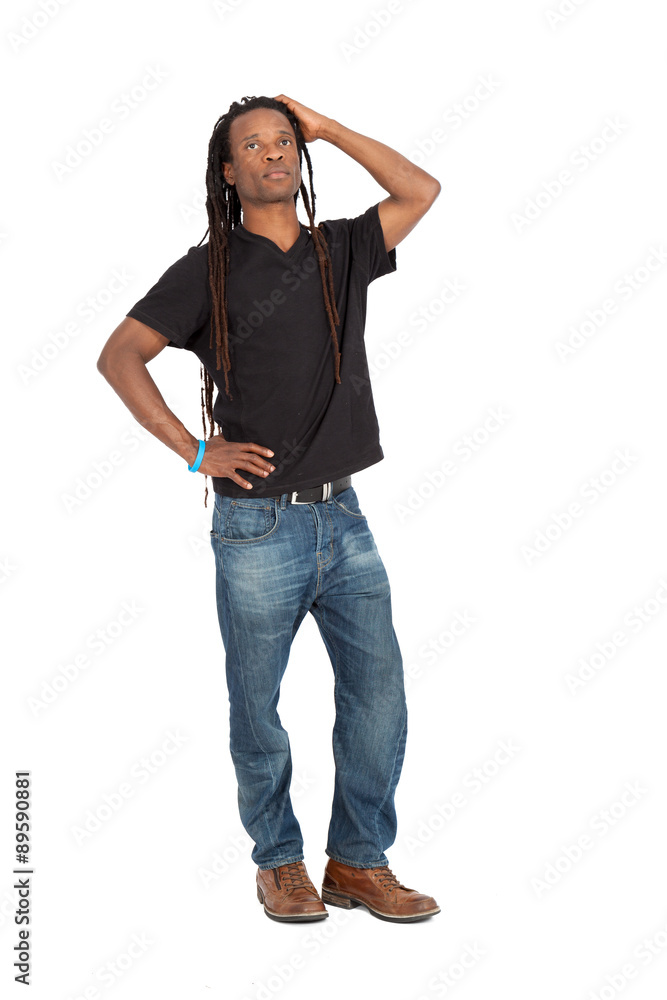 Handsome man with dreadlocks doing different expressions in different sets of clothes: posing Handsome man with dreadlocks doing different expressions in different sets of clothes: posing
