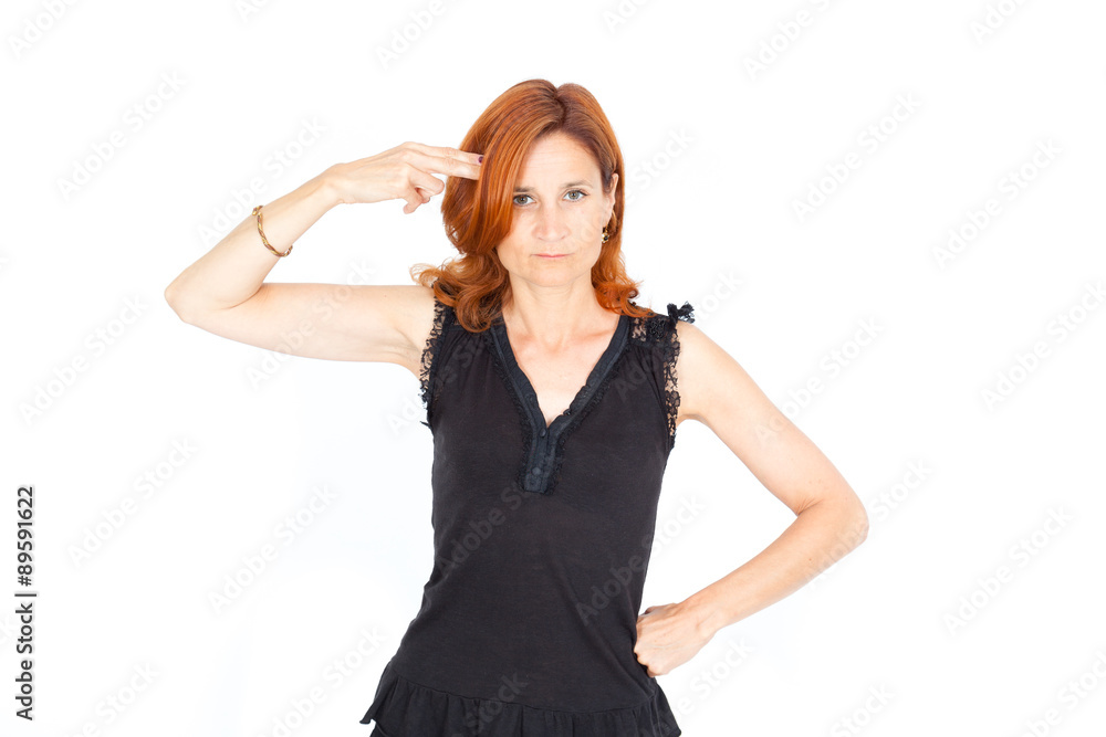 Beautiful businesswoman doing different expressions in different sets of clothes: commiting suicide Beautiful businesswoman doing different expressions in different sets of clothes: commiting suicide