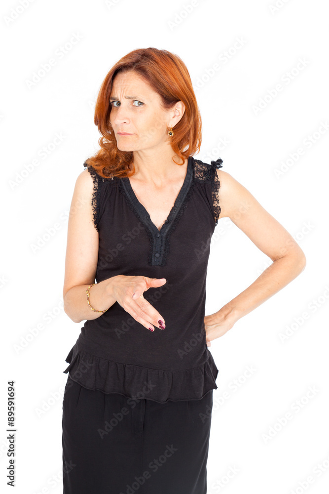 Beautiful businesswoman doing different expressions in different sets of clothes: suspicion Beautiful businesswoman doing different expressions in different sets of clothes: suspicion
