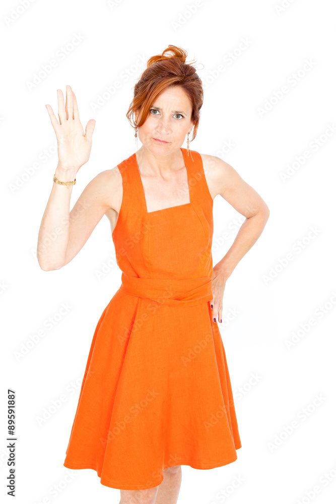 Beautiful businesswoman doing different expressions in different sets of clothes: be careful Beautiful businesswoman doing different expressions in different sets of clothes: be careful