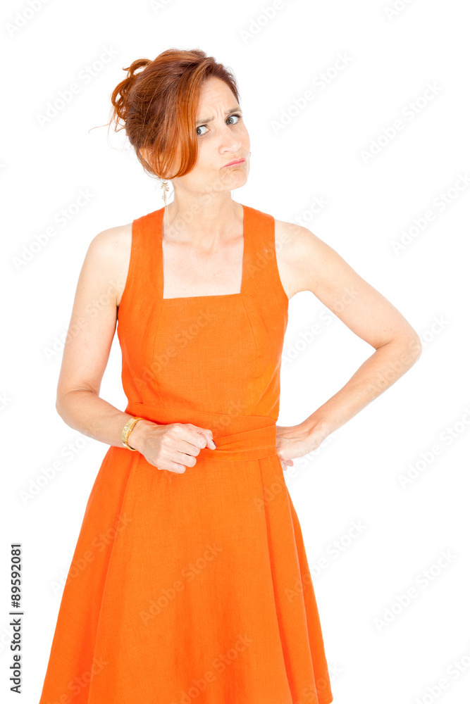 Beautiful businesswoman doing different expressions in different sets of clothes: suspicion Beautiful businesswoman doing different expressions in different sets of clothes: suspicion