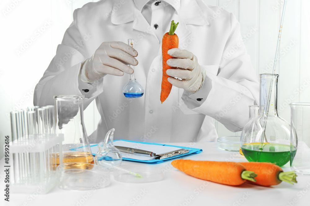 Scientist examines carrots in laboratory Scientist examines carrots in laboratory