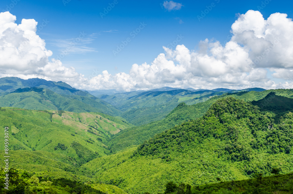 green mountains and blue sky with clouds
