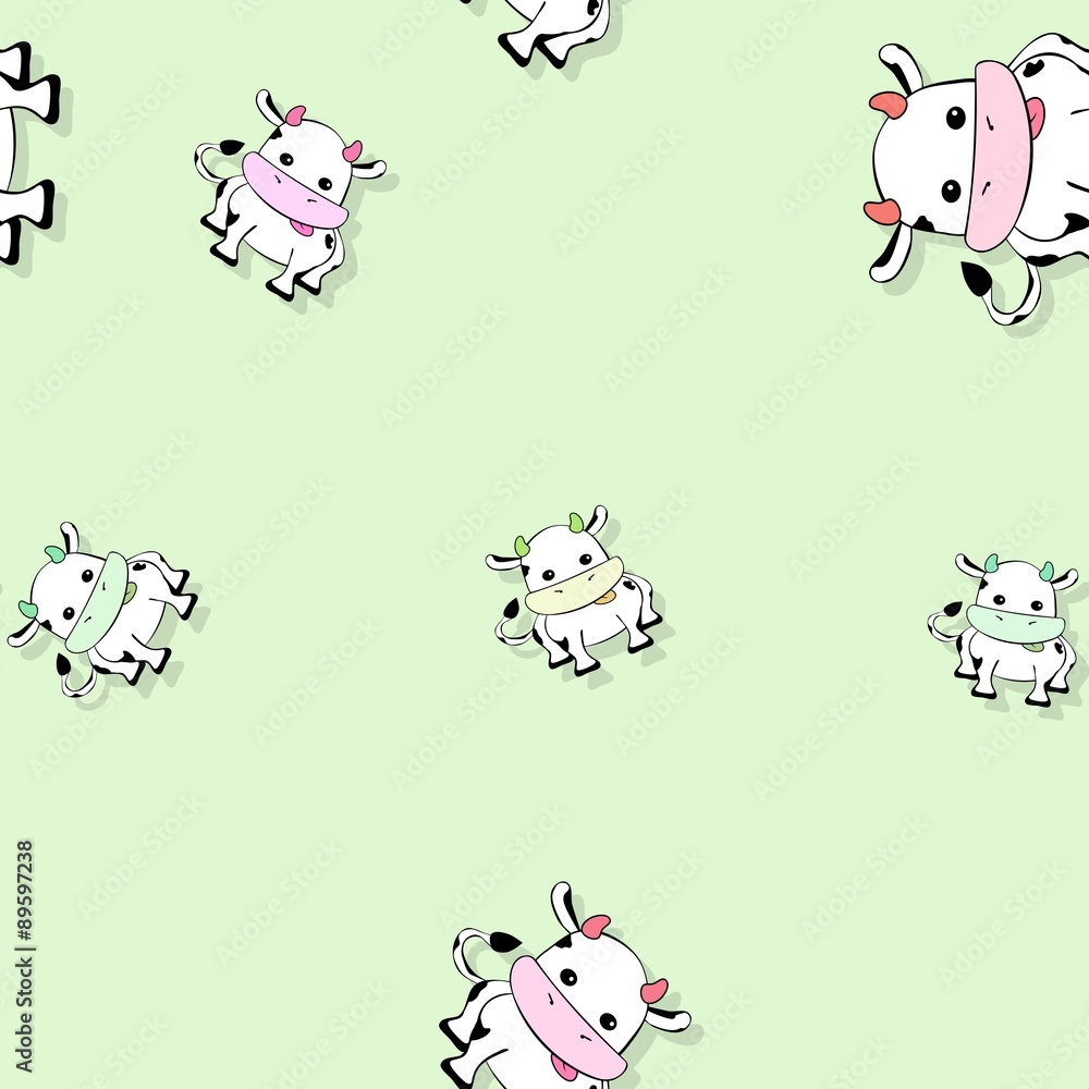 Seamless cow pattern with drop shadow on green