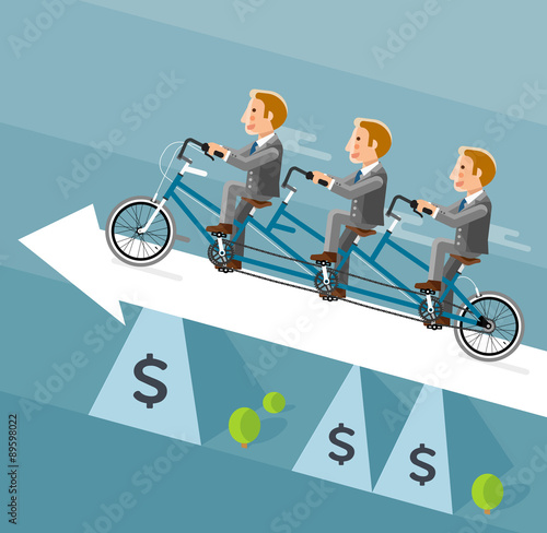 Businessman riding a long bicycle on white arrow.