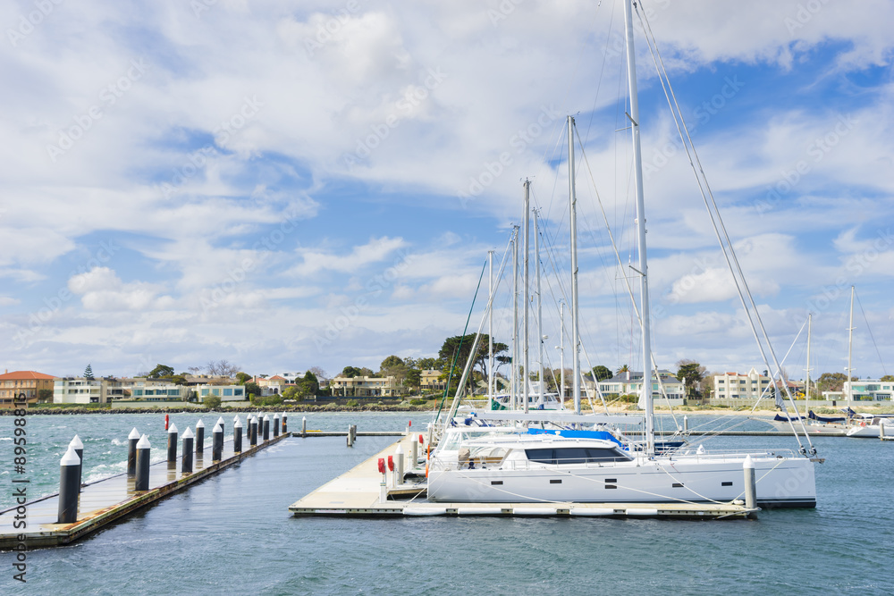 Yachts or motorboats in floating marina in Melbourne
