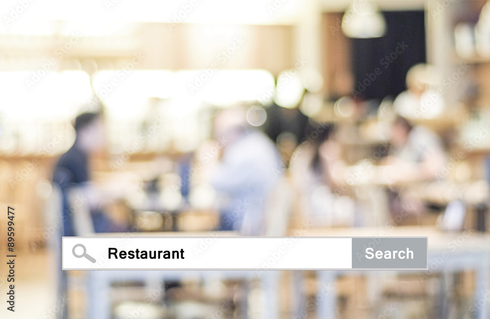 Word Restaurant written on search bar over blur restaurant backg