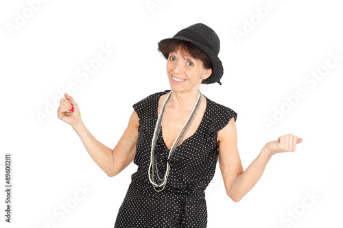 Beautiful woman doing different expressions in different sets of clothes: arms raised