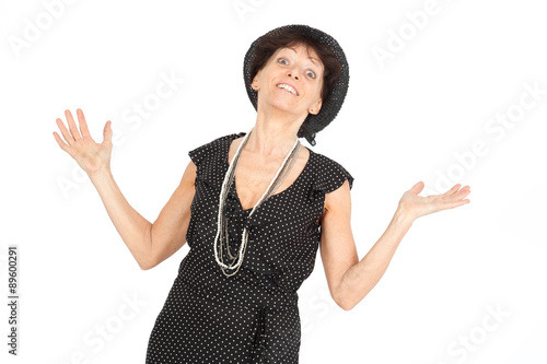 Beautiful woman doing different expressions in different sets of clothes: arms raised