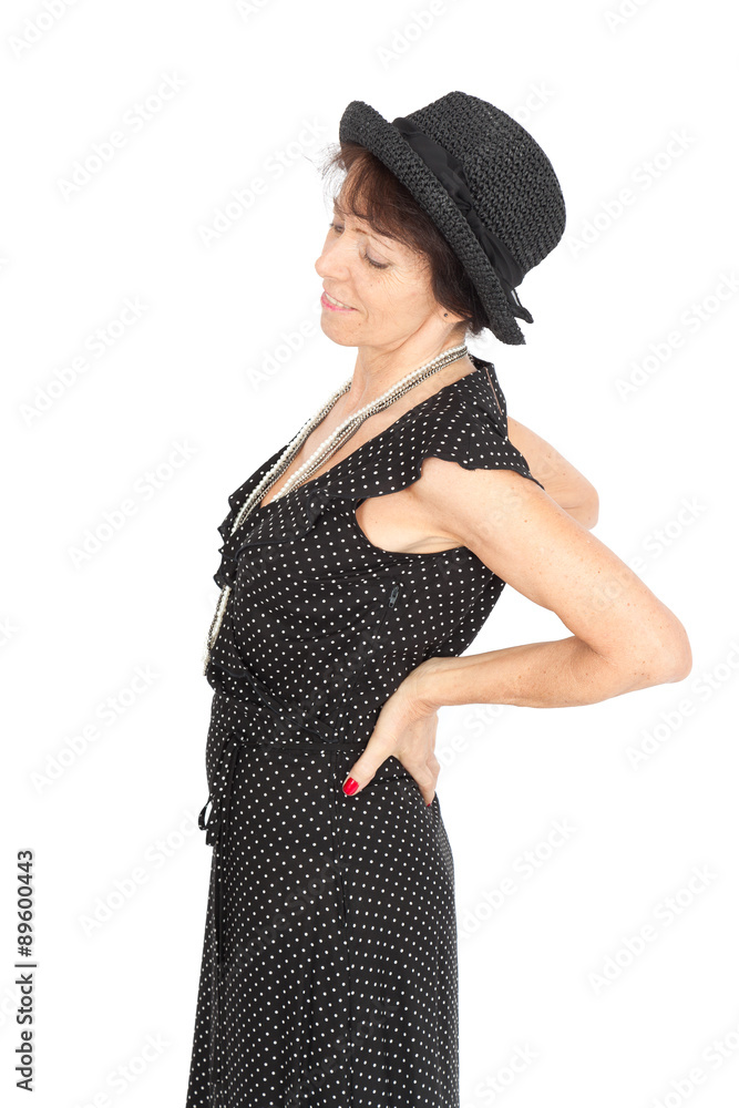 Beautiful woman doing different expressions in different sets of clothes: backache Beautiful woman doing different expressions in different sets of clothes: backache
