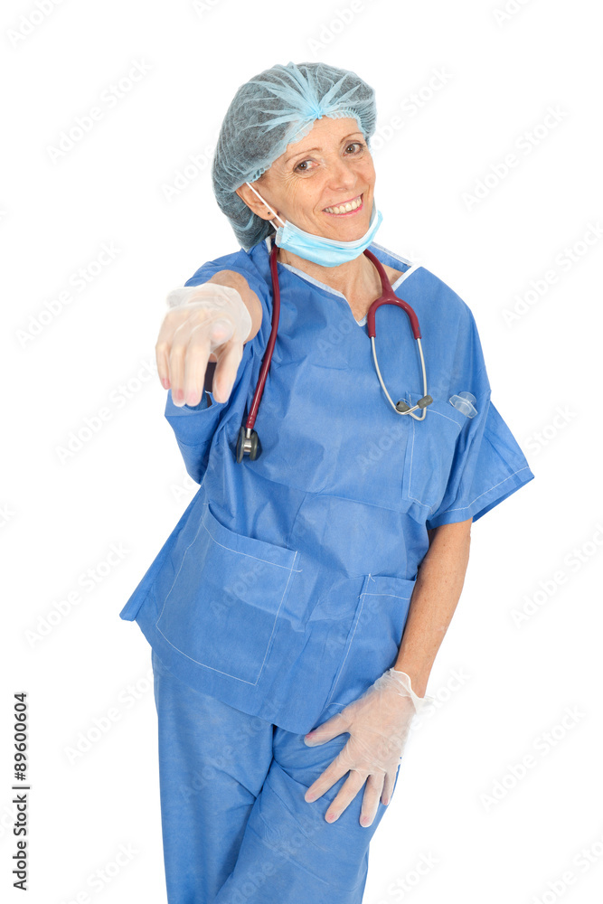 Beautiful doctor doing different expressions in different sets of clothes: pointing Beautiful doctor doing different expressions in different sets of clothes: pointing