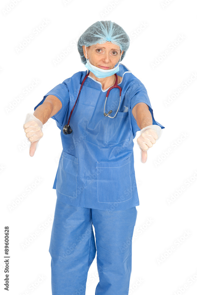 Beautiful doctor doing different expressions in different sets of clothes: thumbs down Beautiful doctor doing different expressions in different sets of clothes: thumbs down
